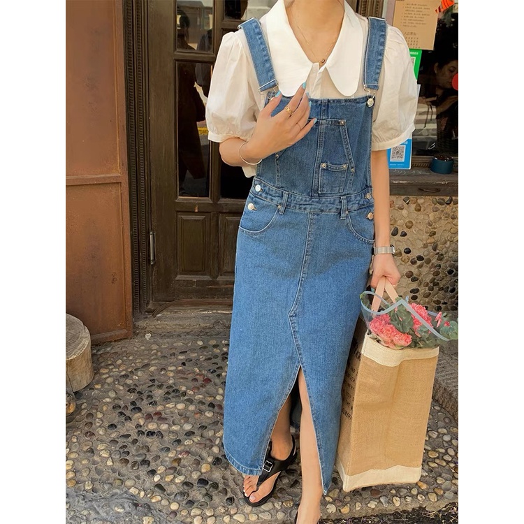 Váy yếm jean dài đóng nút xẻ trước - YV160