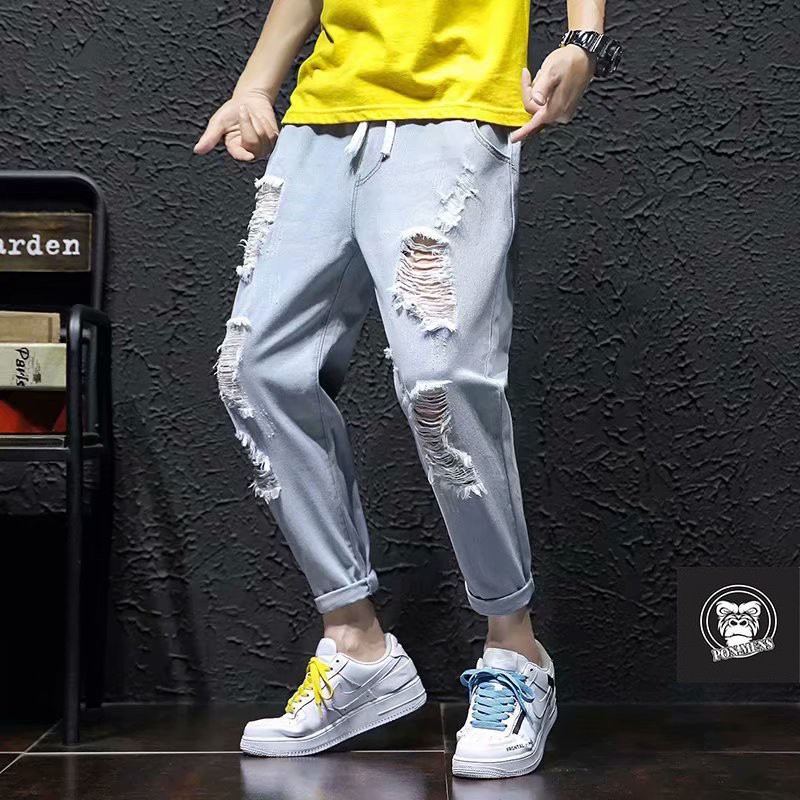 Quần jean baggy rách gối lưng chun tả tơi trông bụi unisex nam nữ 2021 Pon.mens | WebRaoVat - webraovat.net.vn