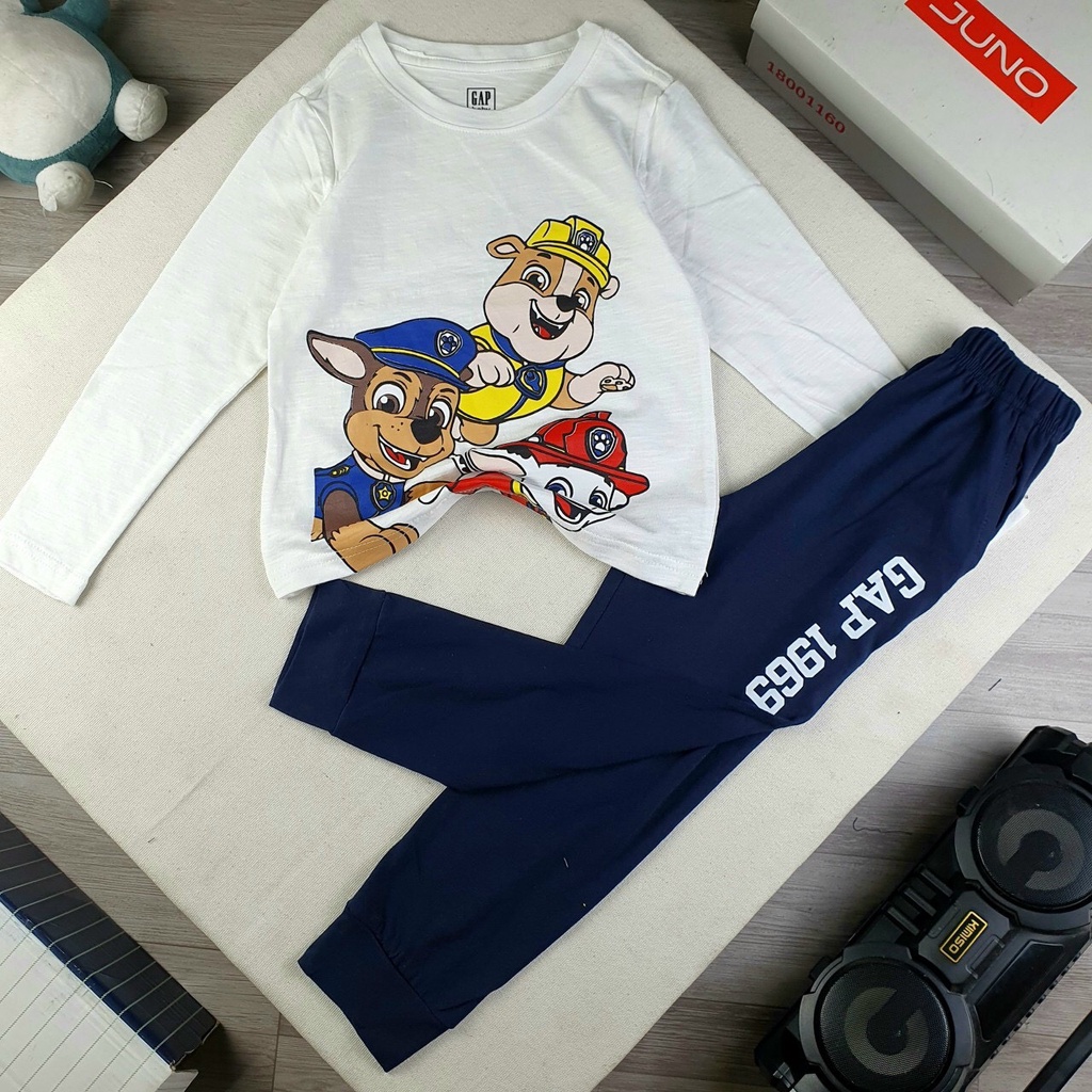 Đồ bộ dài tay thun cotton GAP nhí cho bé 1-5T họa tiết đội chó cứu hộ xe khủng long