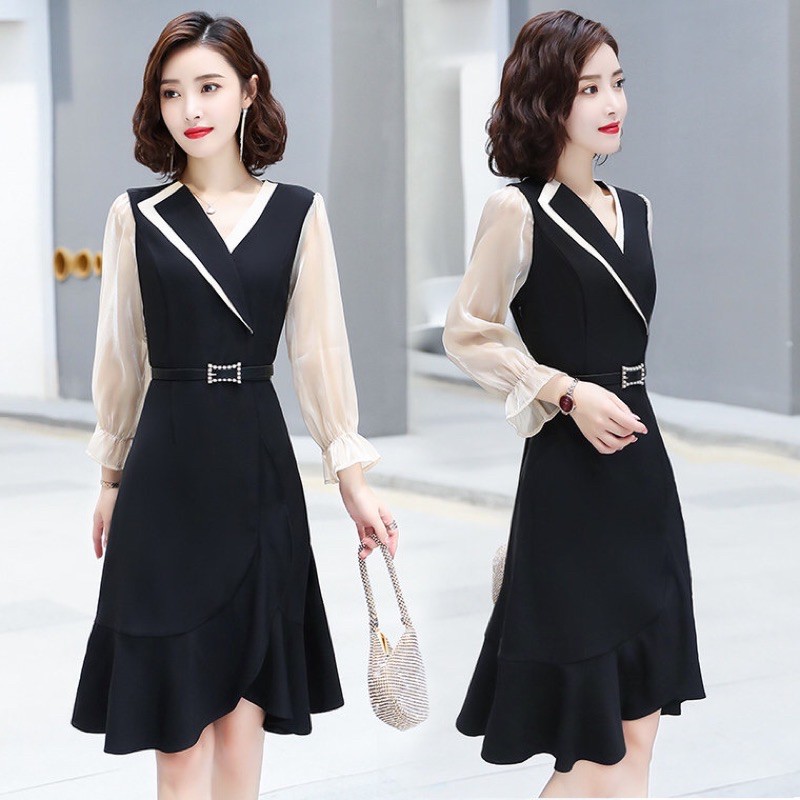 đầm cổ vest tay dài