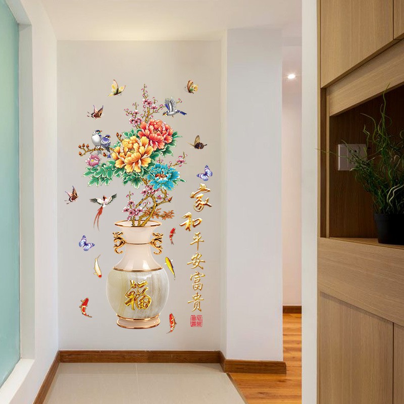 [Size lớn] Decal dán tường - Giấy dán tường - Lọ Hoa Đào phú quí - flowerdecal - SK2019AB