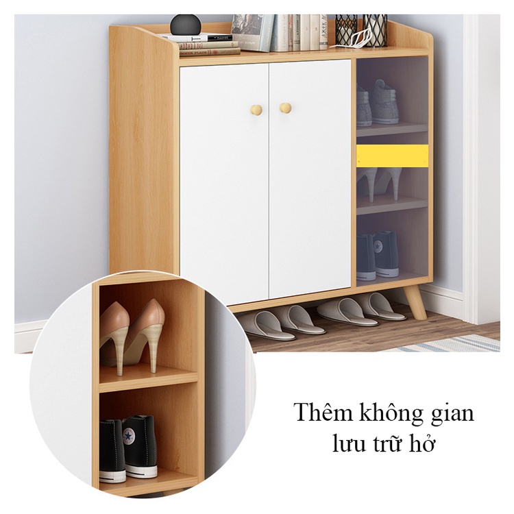 Tủ giày 4 chân phong cách Bắc Âu  có cánh tủ chống bụi bẩn, chất liệu MDF chống ẩm màu gỗ sáng sang trọng