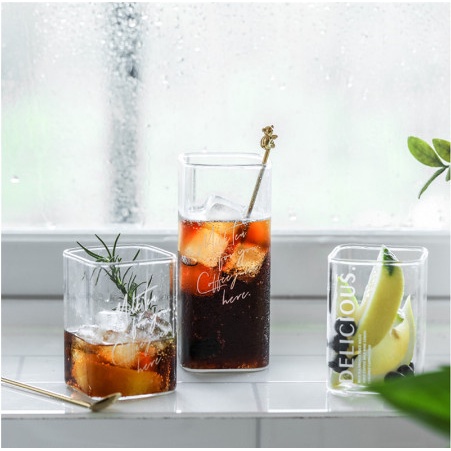 Ly thủy tinh vuông chịu nhiệt MILK TEA 400ml Cốc thủy tinh uống sinh tố sang chảnh cao cấp phong cách Vintage dễ thương