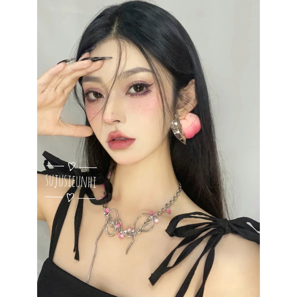 Vòng cổ chùm nho chuỗi ngọc phối xích dạng xoắn uốn lượn cá tính