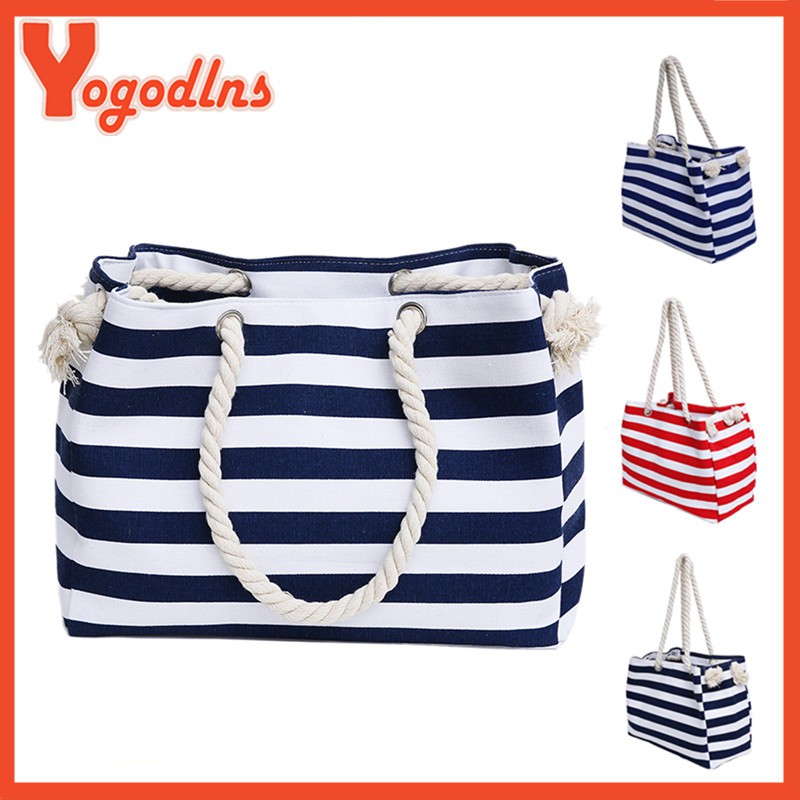 Túi Xách Tote Vải Canvas Cỡ Lớn Họa Tiết Kẻ Sọc Thời Trang Đi Biển Cho Nữ
