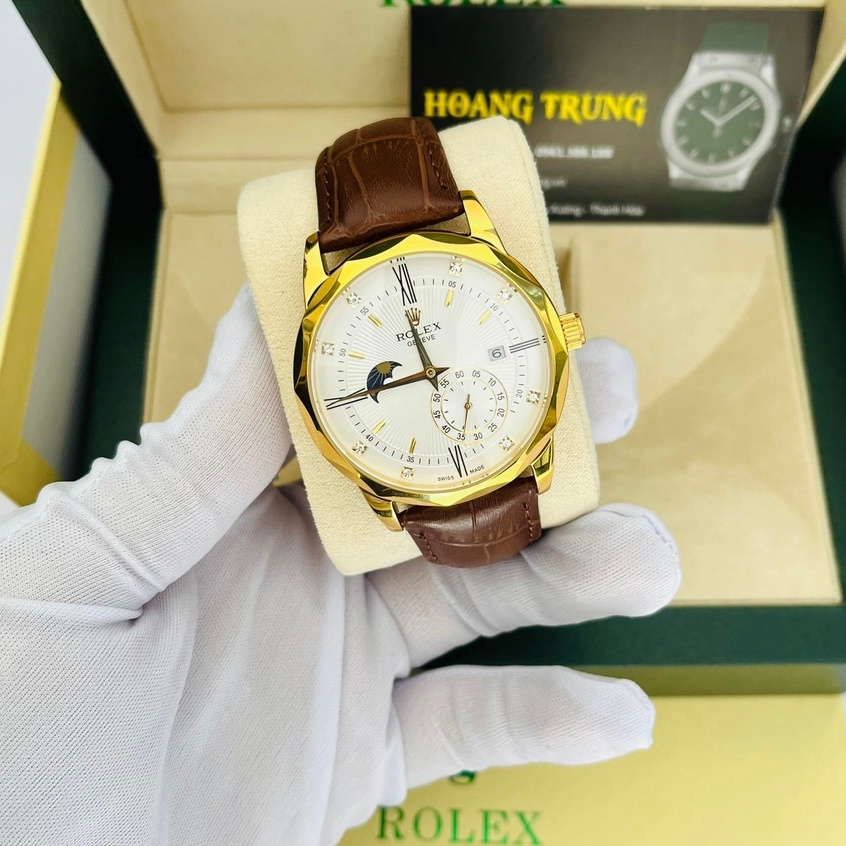 Đồng hồ Nam Rolex máy nhật, mẫu 3kim cắt vát mặt trắng viền vàng dây da, dòng cơ Automatic size 40mm-41mm