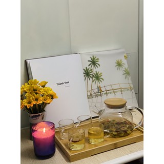 Bộ bình trà thủy tinh pha trà kèm khay gỗ