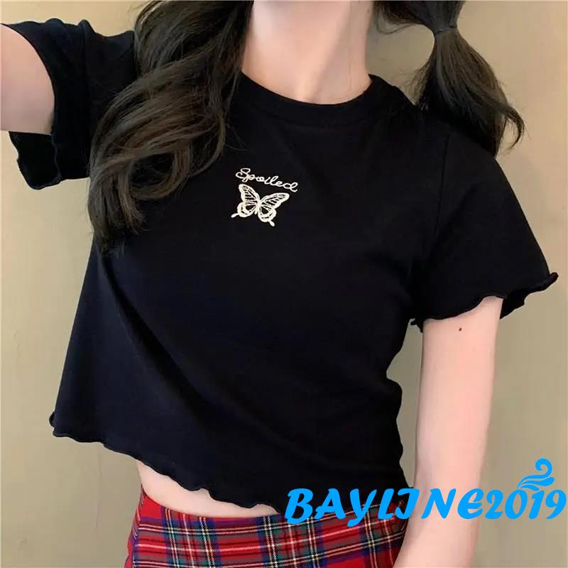 Áo Crop Top Tay Ngắn Hoạ Tiết Cánh Bướm Thời Trang Cho Phụ Nữ