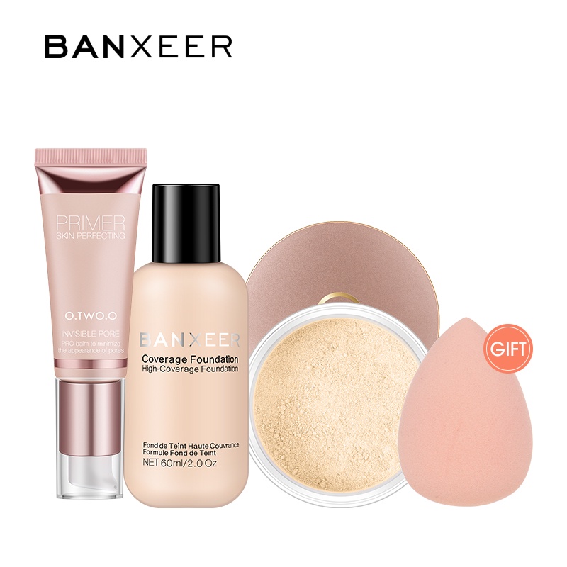 Set mỹ phẩm BANXEER gồm kem nền/ kem lót/ phấn phủ/ mút tán
