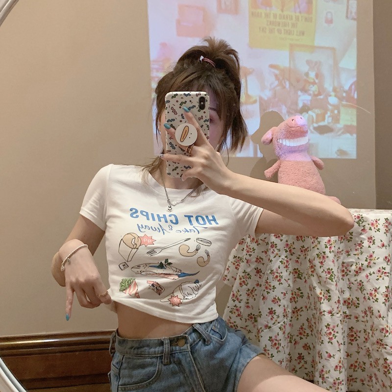 Áo croptop ulzzang tay ngắn cổ tròn hoạ tiết dễ thương cho nữ ACT004