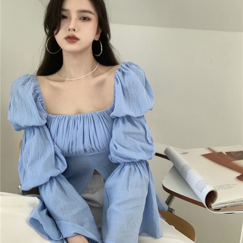 Áo Kiểu Cổ Vuông Tay Bồng Dáng Ôm Phong Cách Retro Thời Trang Hè Cho Nữ
