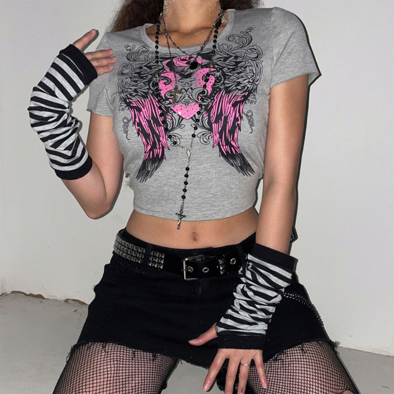 Áo Thun Crop Top Tay Ngắn Dáng Ôm In Họa Tiết Hoa Hồng / Cánh Trái Tim Đính Đá Phong Cách Gothic Harajuku Cho Nữ