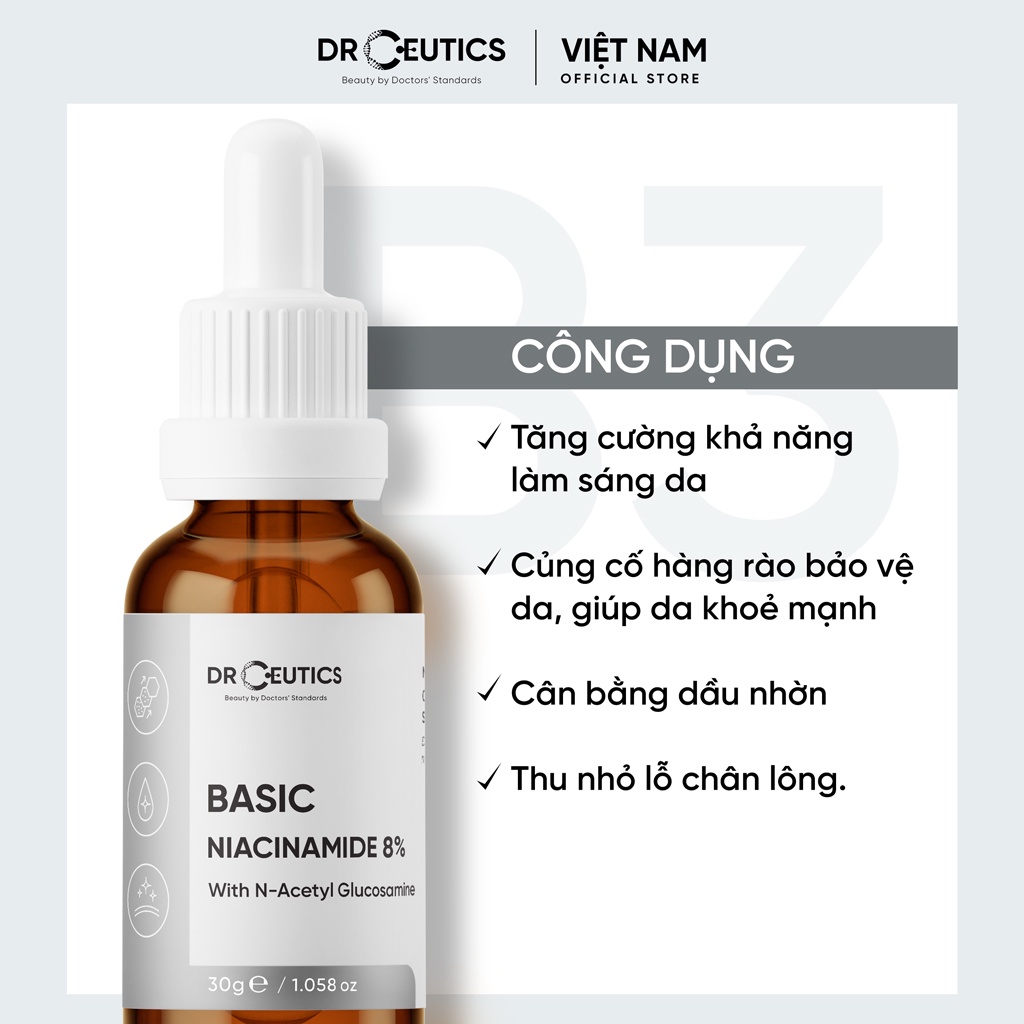 Serum DrCeutics Niacinamide Basic B3 8% Cho Da Dầu Mụn (30g/100G)