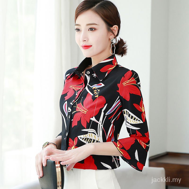 Áo Sơ Mi Chiffon Mềm Tay Loe 3 / 4 In Hoa Màu Xanh Dương Đậm Kiểu Hàn Quốc Thời Trang Xuân Hè 2019 Cho Nữ