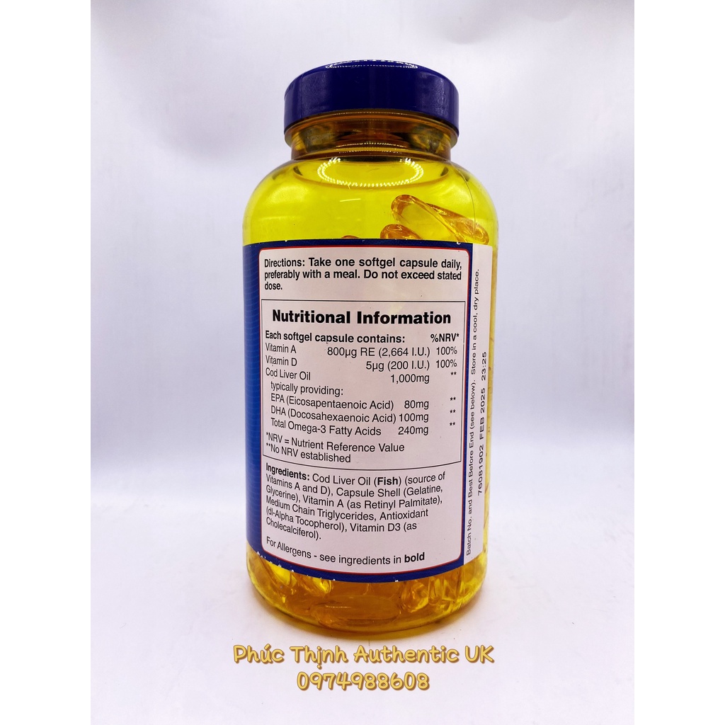 Dầu Gan Cá Tuyết Holland & Barrett Cod Liver Oil 240 Viên 1000mg Bổ Sung Vitamin