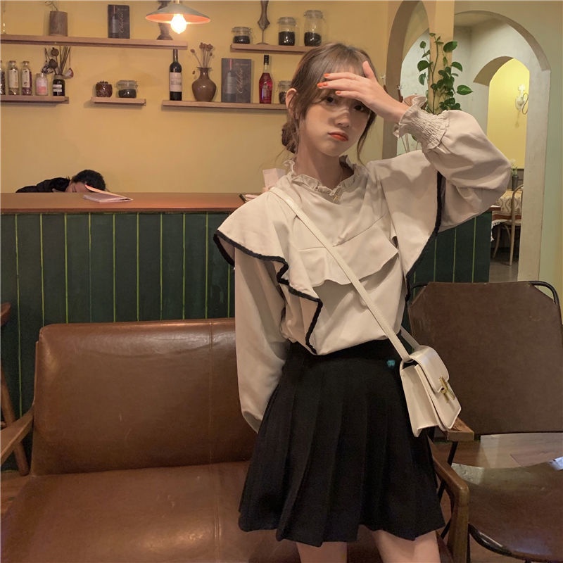 Áo kiểu tay dài cổ đứng phối bèo thời trang thu đông phong cách Pháp 2021 cho nữ