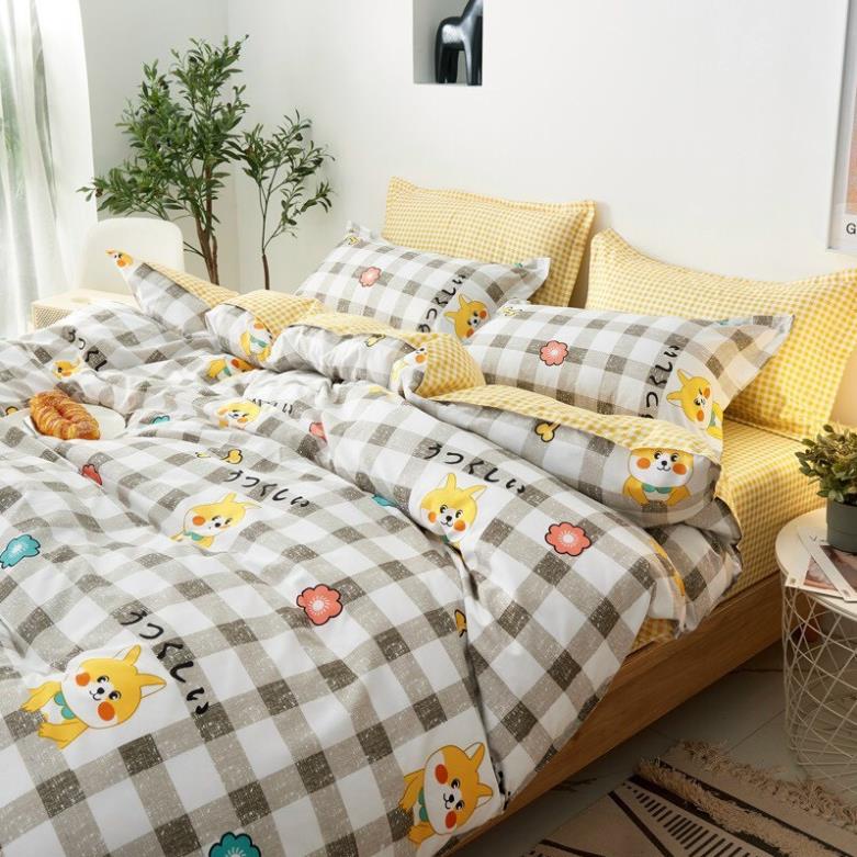 Trọn Bộ 4 Món Thương Hiệu 🌸EVILY🌸 Chăn Ga Gối Mền Cotton Poly MẪU CÚN CHIBA KẺ VÀNG Dễ Thương Cute.