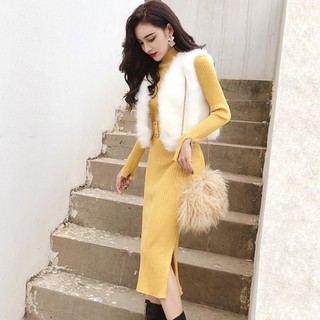 Sét áo lông và đầm len body cổ lọ dài tay xẻ tà sang chảnh
