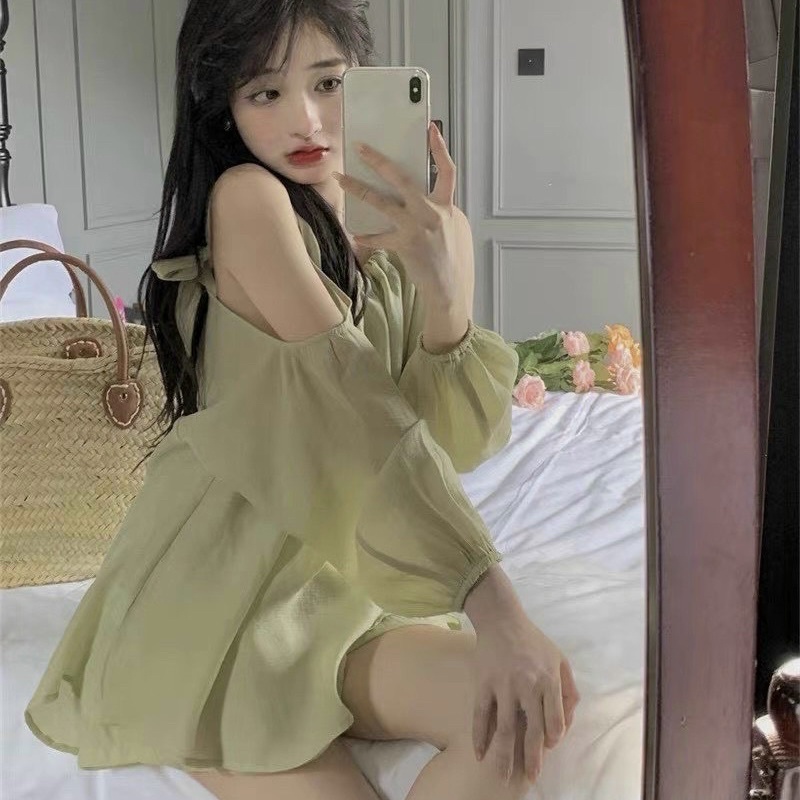 🦋Sét Áo Xanh Khoét Vai Tay Phồng Kèm Short🦋