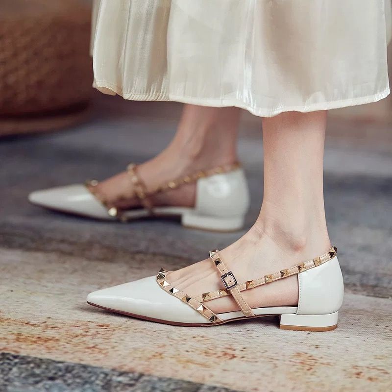 Giày Sandal Da Bóng Đế Bệt Mũi Nhọn Đính Đinh Tán Phong Cách Hàn Quốc Chống Trượt Thời Trang Dành Cho Nữ 2023