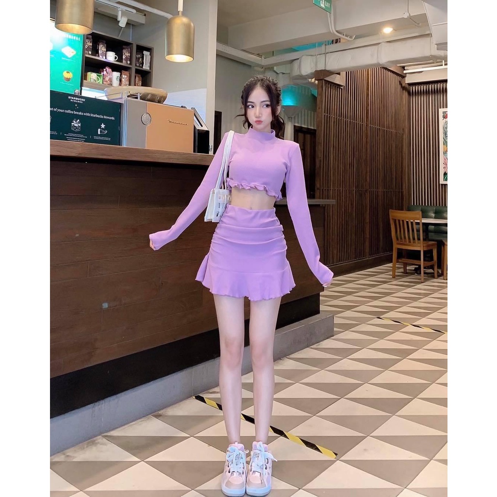 Set đồ đi chơi đi tiệc nữ áo tay dài cổ tròn chân váy ngắn rút dây 2 bên hông cực xinh viền cuốn biên trơn màu sang