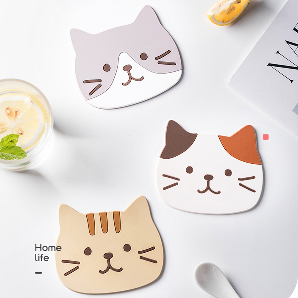 Miếng lót ly bằng PVC silicon cách nhiệt chống trượt hình mèo dễ thương