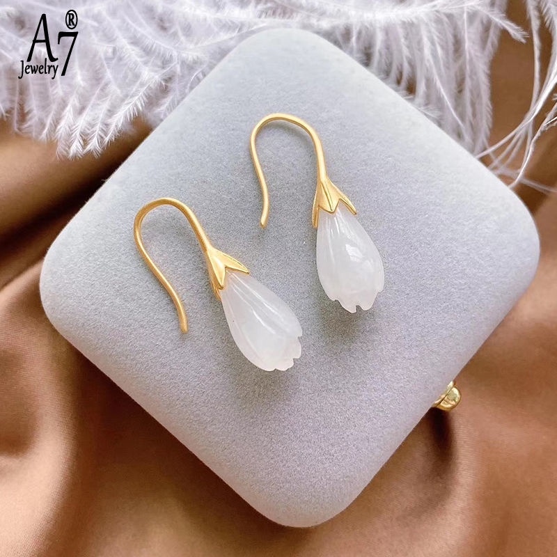 Bông Tai Mạ Bạc 925 Đính Đá Ngọc Bích Trắng/Vàng Kiểu Cổ Điển Sang Trọng