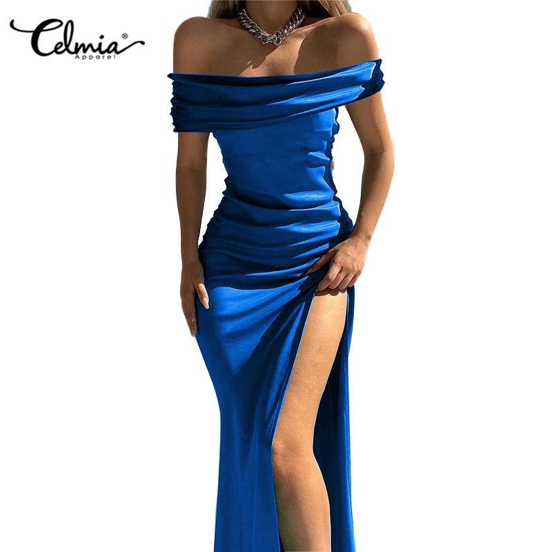 Đầm maxi Celmia dự tiệc trễ vai vải satin gợi cảm dành cho nữ