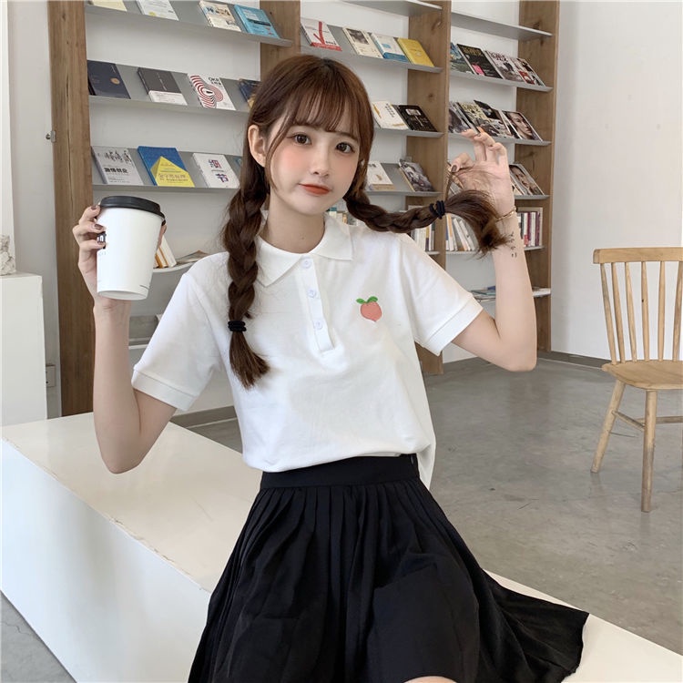 Dễ Thương áo polo Ngắn Tay Thêu Họa Tiết Trái Đào Xinh Xắn Dành Cho Nữ