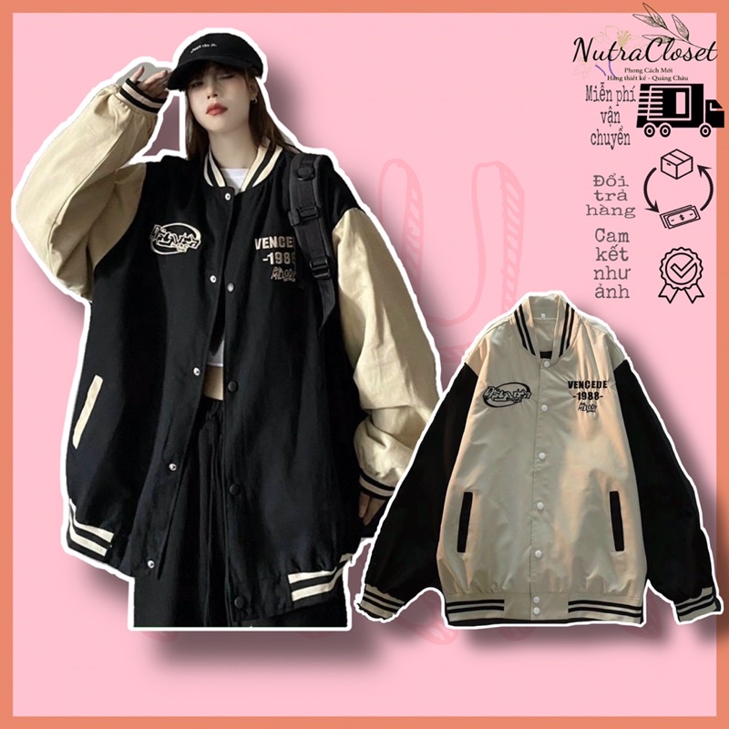 Áo khoác bomber bóng chày thêu chữ kaki da lộn 2 lớp unisex ulzzang nam nữ
