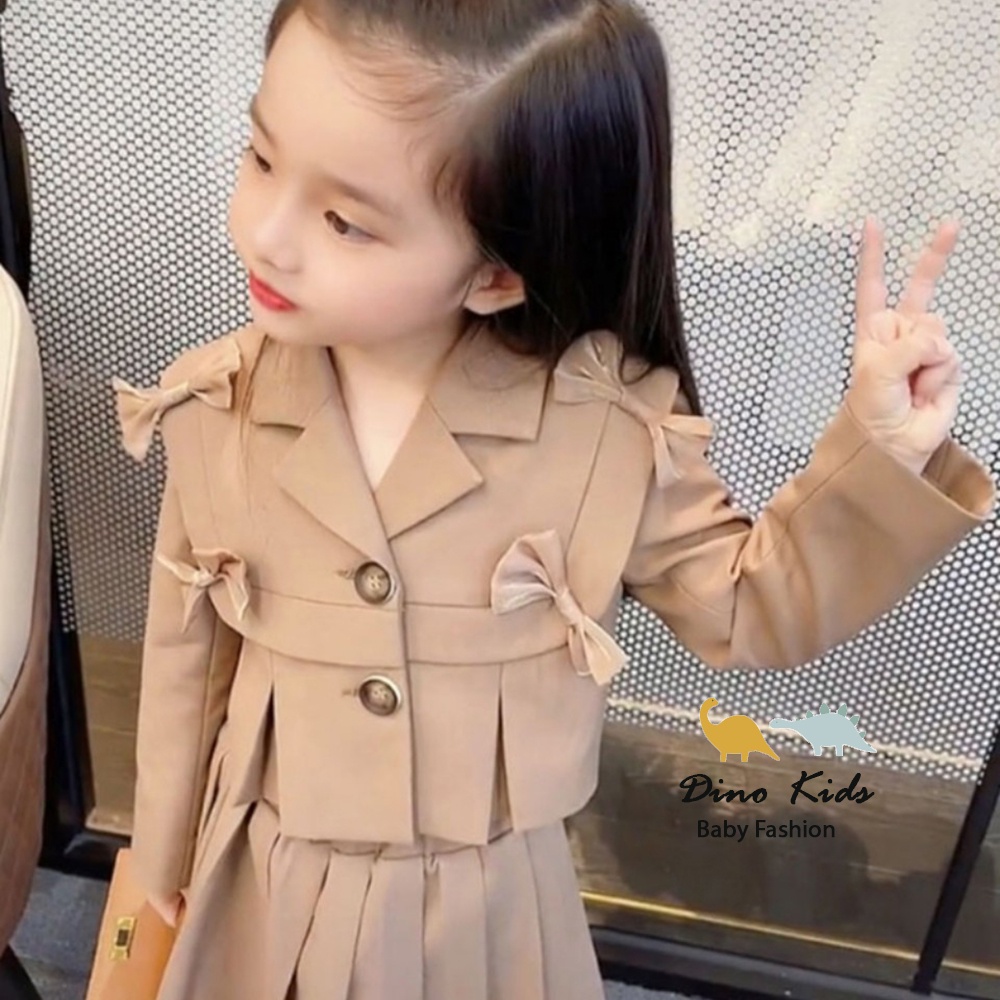 Váy cho bé gái, Sét áo vest nâu 4 nơ kèm chân váy xếp ly cho bé size 12-32kg