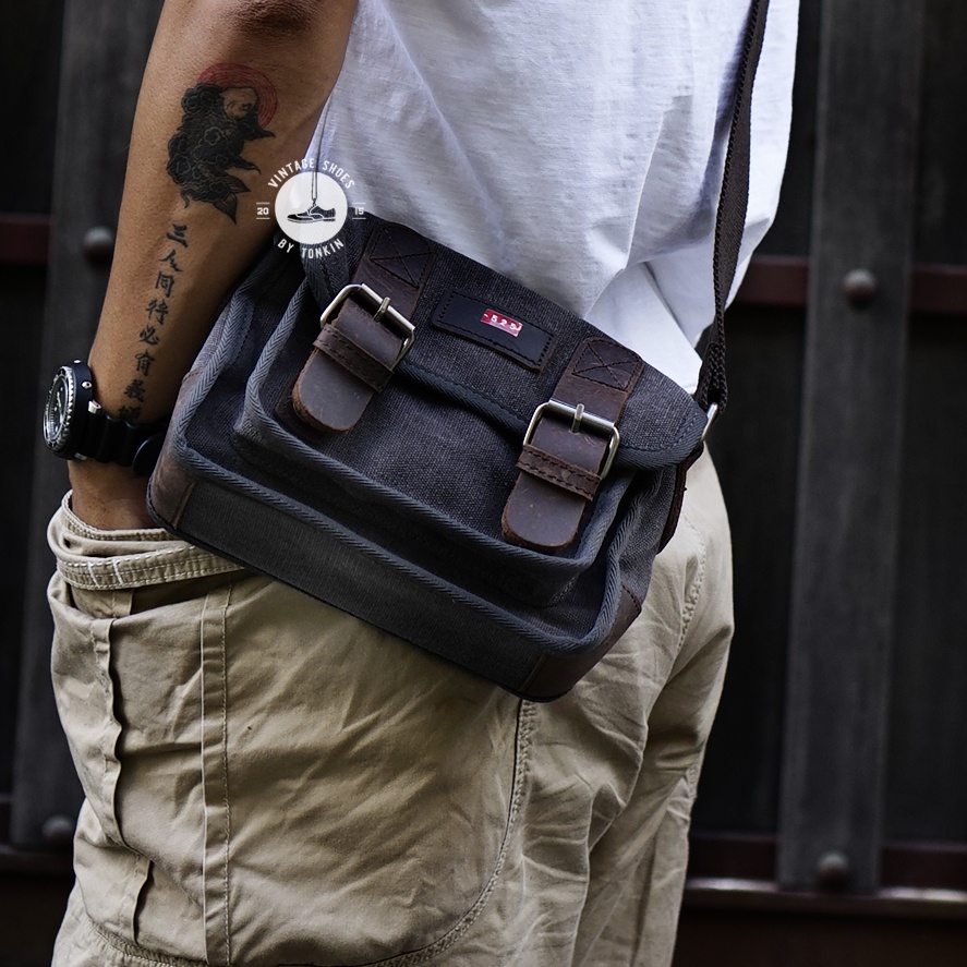 [CHỐNG NƯỚC] Túi đeo chéo hông nam Cavas phối Da thật chống thấm Vintage cao cấp Phong cách quân đội Workwear bag VNXK