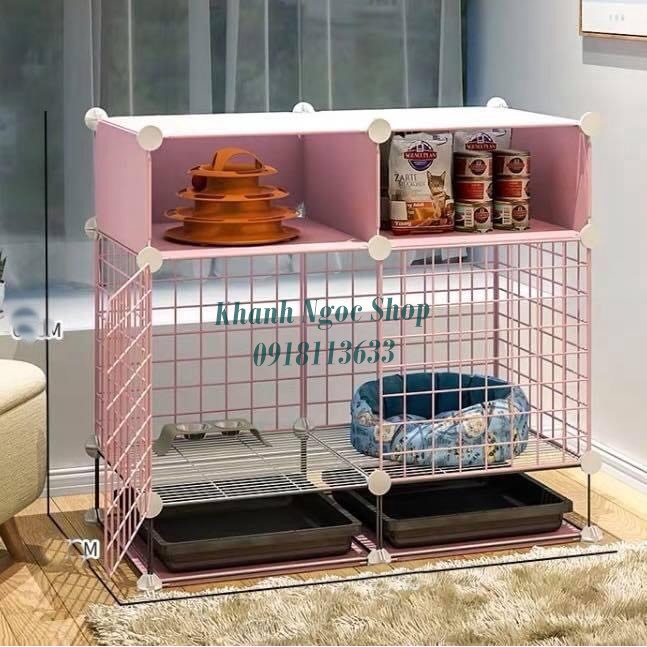 COMBO Chuồng Chó lắp ghép 2 ô bằng lưới sắt , có chân - kèm khay vệ sinh