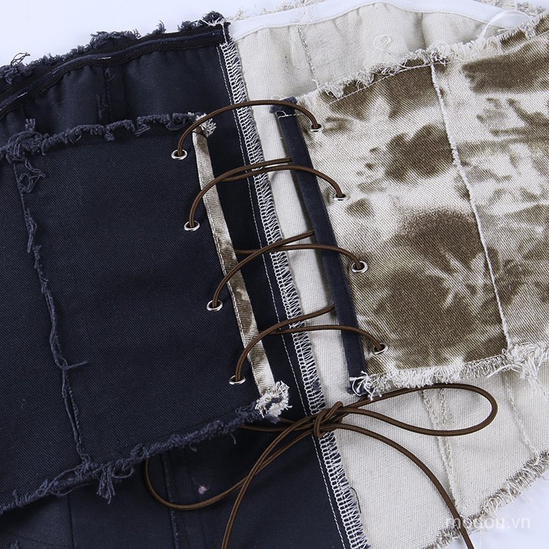 Áo ống denim kết hợp hai màu thời trang cho nữ 1lzh