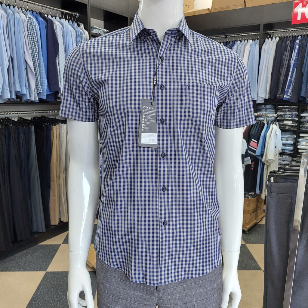 Áo Sơ Mi Nam Ngắn Tay Owen AR22669NT Somi Cộc Tay Công Sở Cao Cấp Xanh Navy Xám Kẻ Caro Nhỏ Chất Sợi Tre Regular Fit | BigBuy360 - bigbuy360.vn