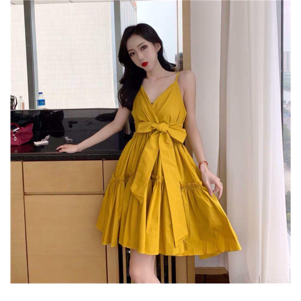 13D16B1 Đầm babydol 2 dây cổ V cột nơ eo dịu dàng nữ tính, vải kate đẹp