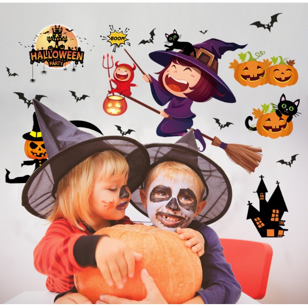 Decal trang trí tường - Lễ Hội Halloween Bé Gái Phù Thủy sắc nét mẫu mới