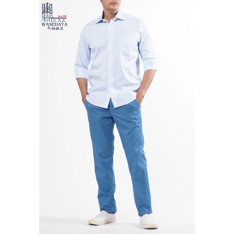 Áo Sơ Mi Nam Dài Tay OWEN AR220021DT Somi Công Sở Cao Cấp Màu Xanh Ghi Sớ Ngang Dáng Suông Tà Lượn Có Túi Vải Sợi Tre