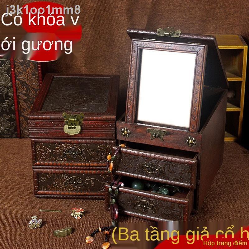 ☾ ┋㍿Bằng gỗ có khóa Hộp đựng đồ trang sức kiểu cổ Bàn điểm gương soi ba -lớp lưu trữ đám cưới Đạo cụ quà tặng sáng tạo