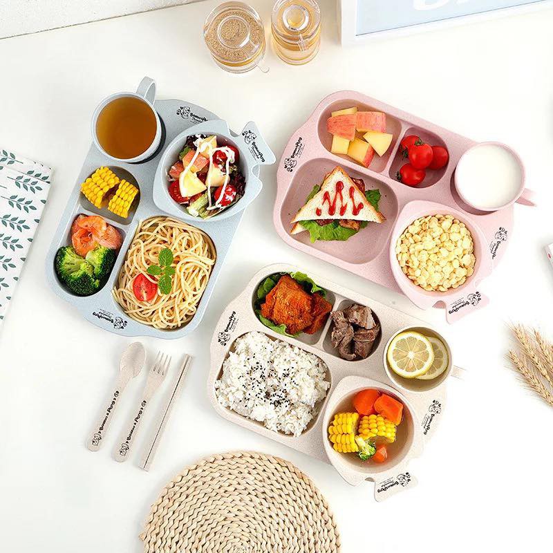 Bộ khay chữ nhật kèm bát cốc nhựa lúa mạch 6 chi tiết cho bé ăn dặm