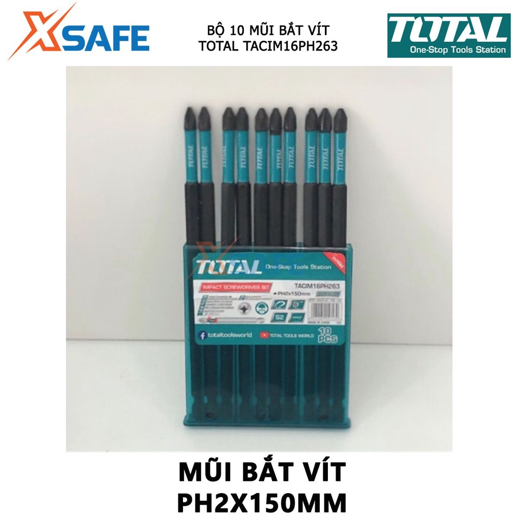Bộ mũi bắt vít có từ TOTAL TACIM16PH263 | bộ 10 mũi siết vít PH2x150mm thép công nghiệp S2, bề mặt đen có nam châm