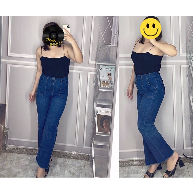 Quần jeans nữ bigsize ống suông, lưng cao trên rốn, co giãn mạnh