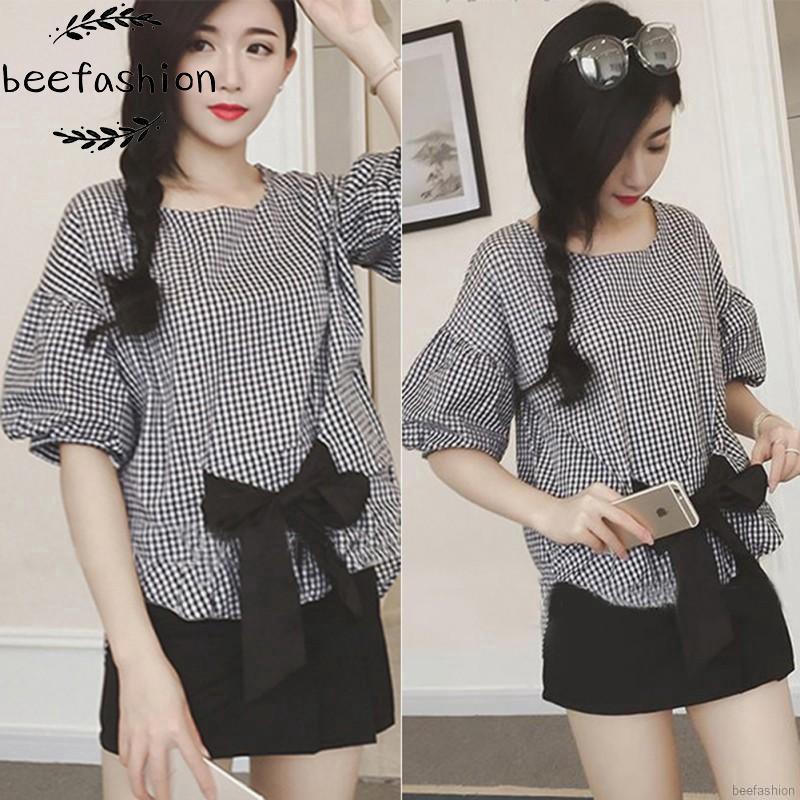 Áo kiểu nữ dáng rộng kẻ sọc ca rô đen trắng