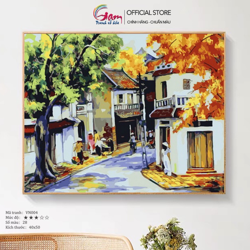 Tranh Số Hóa Phố Cổ Hà Nội Mùa Thu Tự Tô Màu GAM Đã Căng Khung 40x50cm VN004