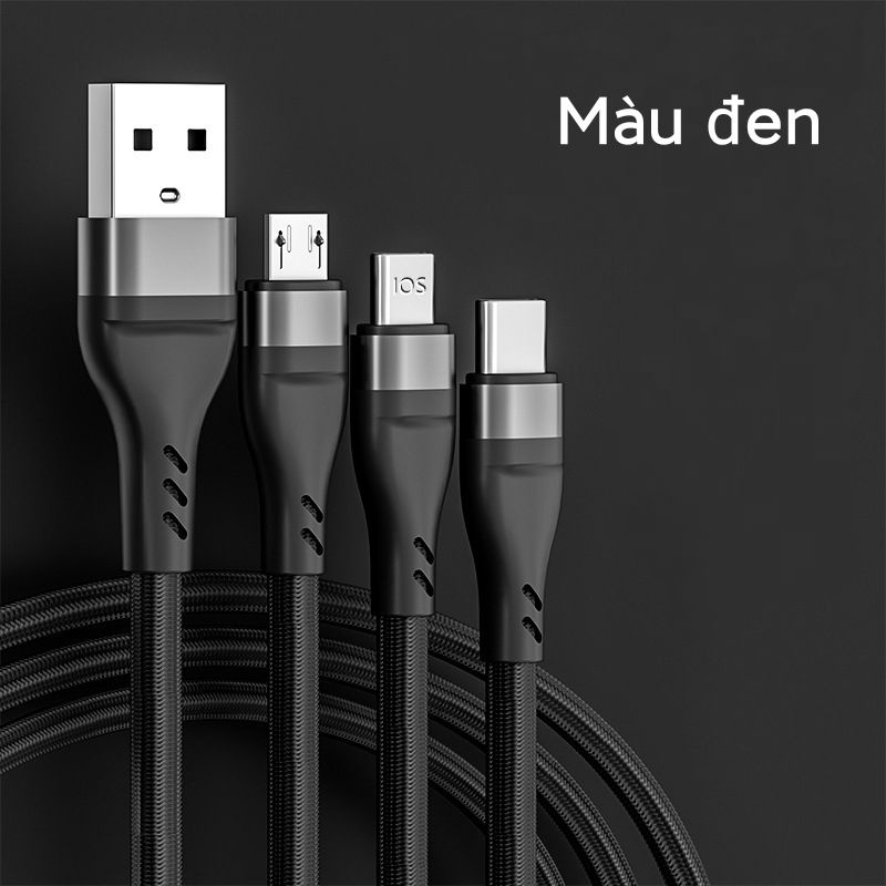 Bộ 3 cáp hỗ trợ sặc nhanh (Lightning, USB type A, USB type C) cho Ios và Android dây vải dù siêu chắc chắn 1.2m (kk5)