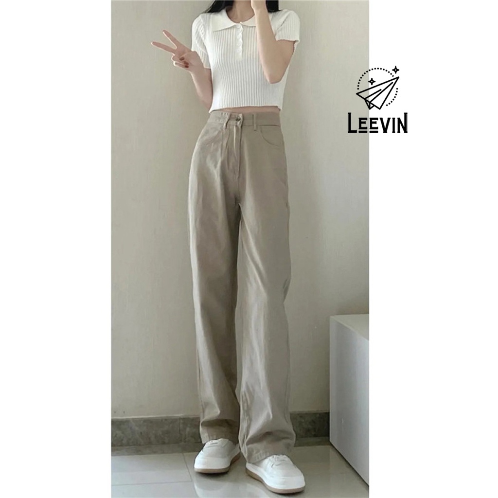 Quần Jean Ống Suông Nữ Lưng Cao Phong Cách Ulzzang - Kiểu quần bò nữ form đứng rộng Hàn Quốc cạp cao Leevin Store