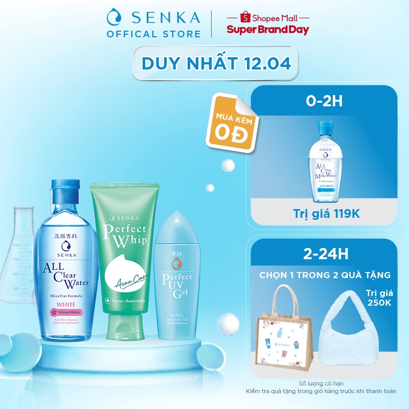 Combo Senka Làm Sạch Chống Nắng Ẩm Mịn (Water White 230ml + SRM Acne 100g + Perfect UV Gel 80ml)