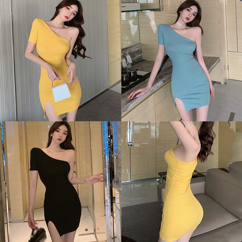 Đầm Tay Ngắn Lệch Vai Màu Trơn Xẻ Tà Thời Trang Mùa Hè Phong Cách Hàn Quốc