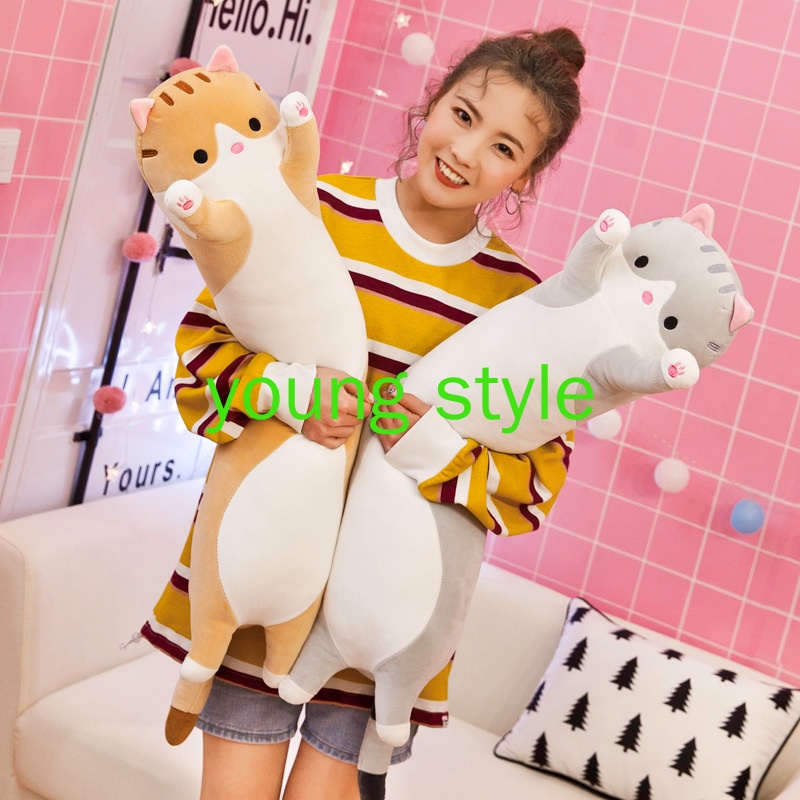 [Giá ưu đãi] Gối ôm dài hình mèo con, gối ôm nhồi bông mèo con hai màu xám và màu nâu BIG SIZE 110cm