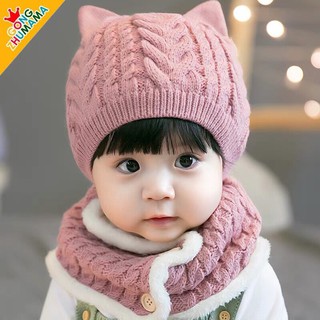 Set Khăn Mũ Len Lót Lông Tai Mèo Nhí Cho Bé Trai/Bé Gái